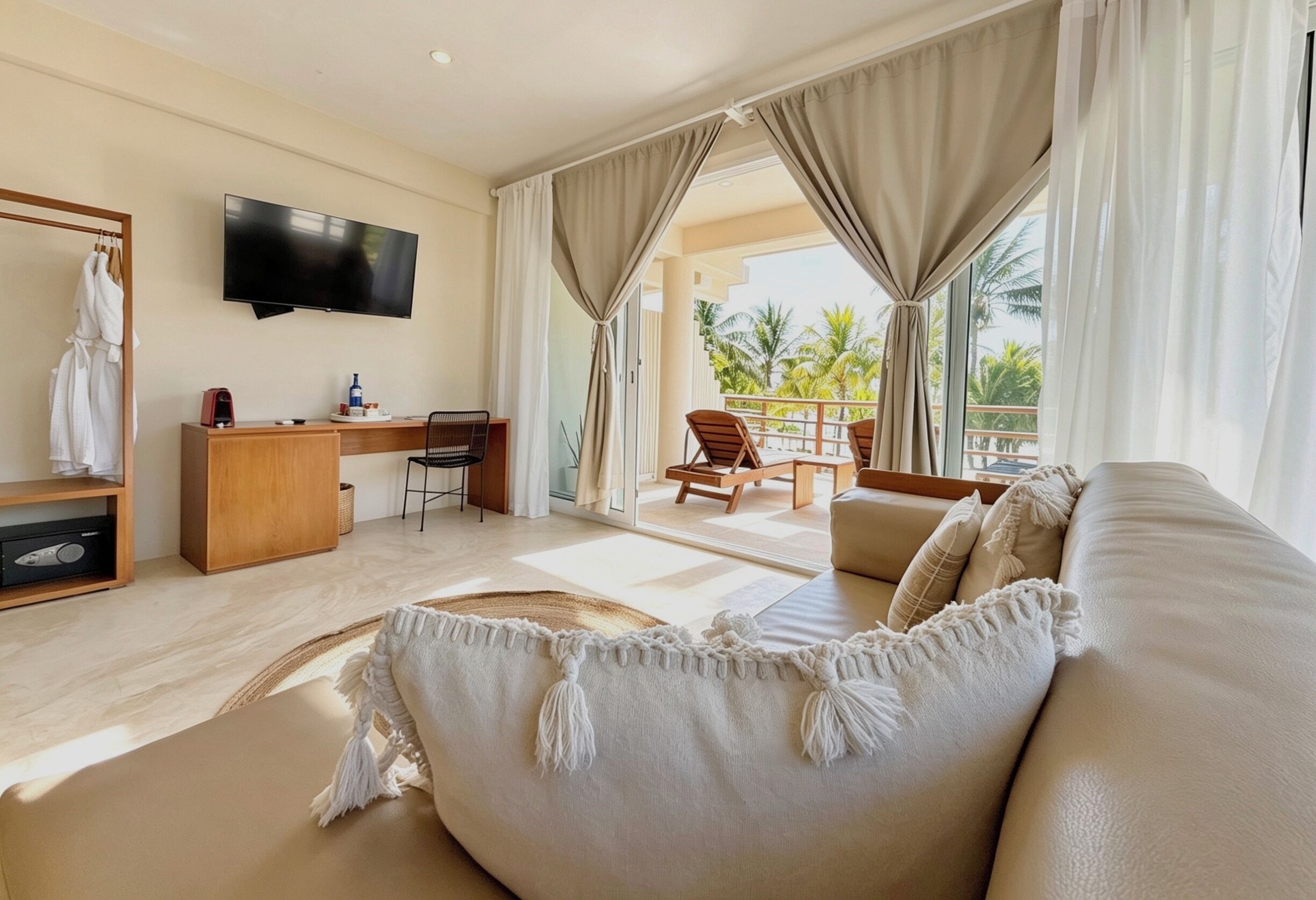 A hotel room with a sofa, a desk, a TV, and a balcony with chairs.