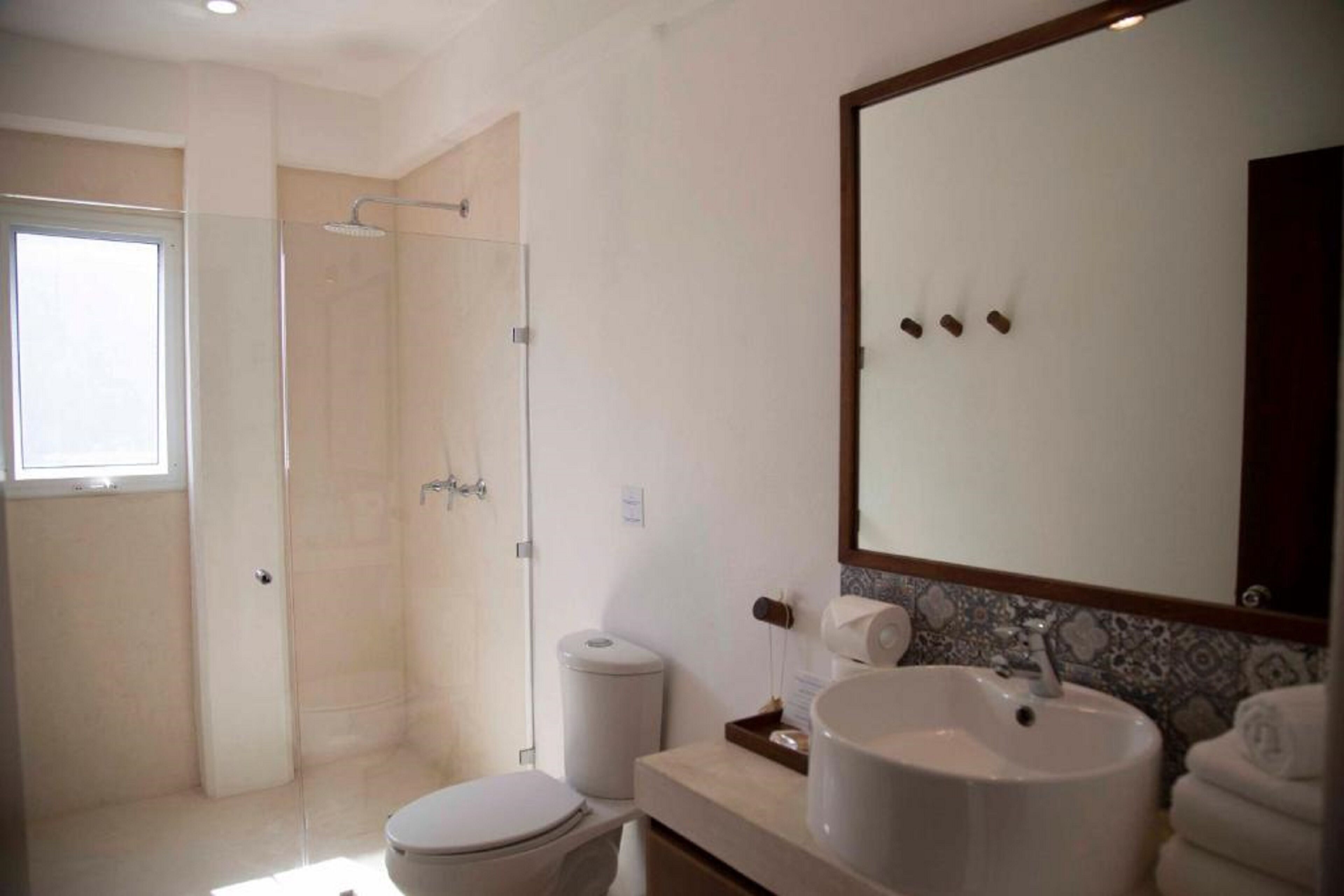 A bathroom with a shower, toilet, sink, and a large mirror.