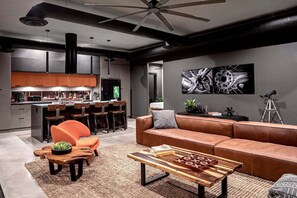 Télévision, cheminée, livres, chaîne hi-fi