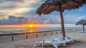 Plage, chaises longues, serviettes de plage