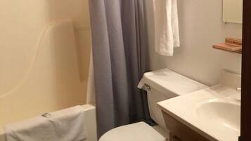 Ducha y bañera combinadas, toallas y papel higiénico