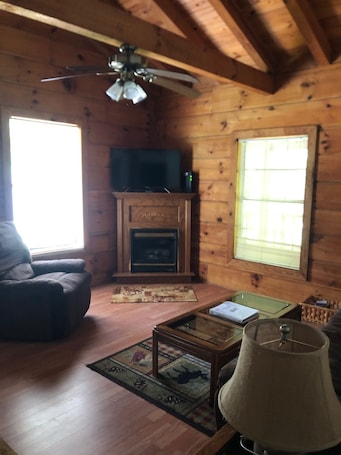 TV, fireplace. cozy cabin in the woods in a relaxing area with wrap around porch rocking chairs
