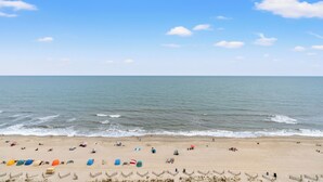 A beach with umbrellas and beachgoers.