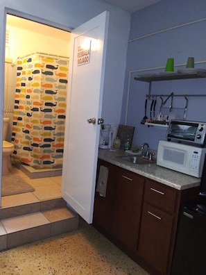 Fridge, microwave, coffee/tea maker, toaster