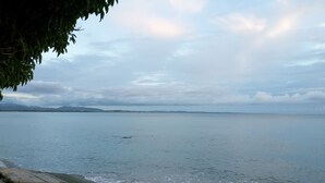 Una playa con agua tranquila, una orilla arenosa y montañas distantes bajo un cielo nublado.