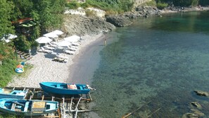 On the beach, sun-loungers