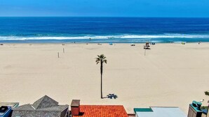 A beach with a palm tree, a lifeguard tower, and a clear view of the ocean. - 2 Bed Oceanfront w/ patio on the Sand in Quiet West Newport (Newport Beach)