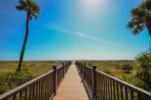 A wooden boardwalk leading to the beach, surrounded by palm trees and grass. - Just off the ocean, beachside pool & hot tub in Palmetto Dunes Resort + tennis (Hilton Head)