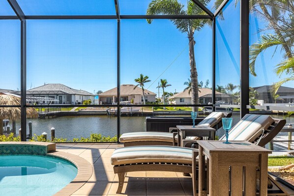 A heated pool, pool loungers