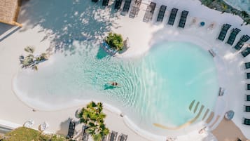 Seasonal outdoor pool, pool loungers