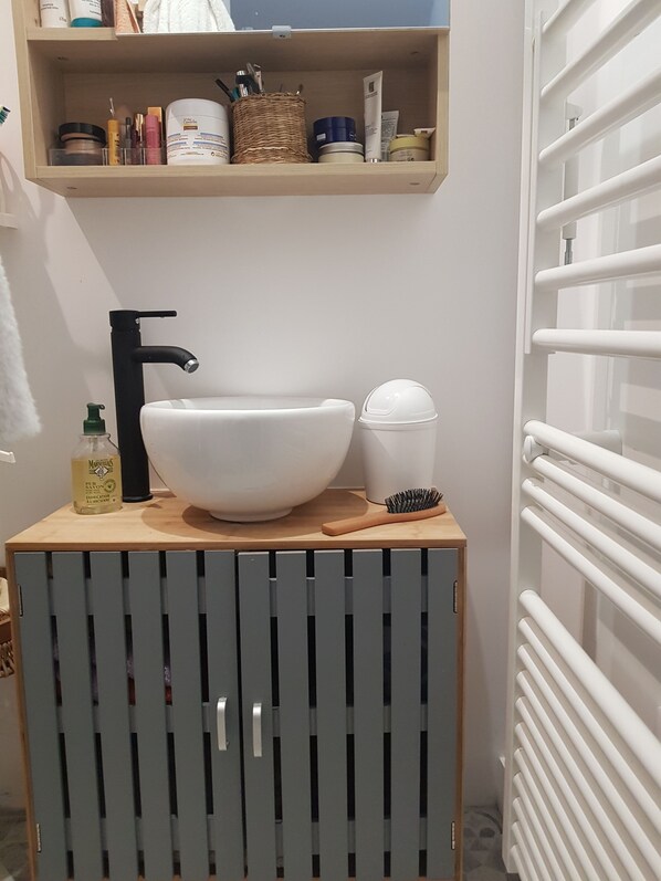 Sèche-cheveux, serviettes fournies, savon, papier toilette