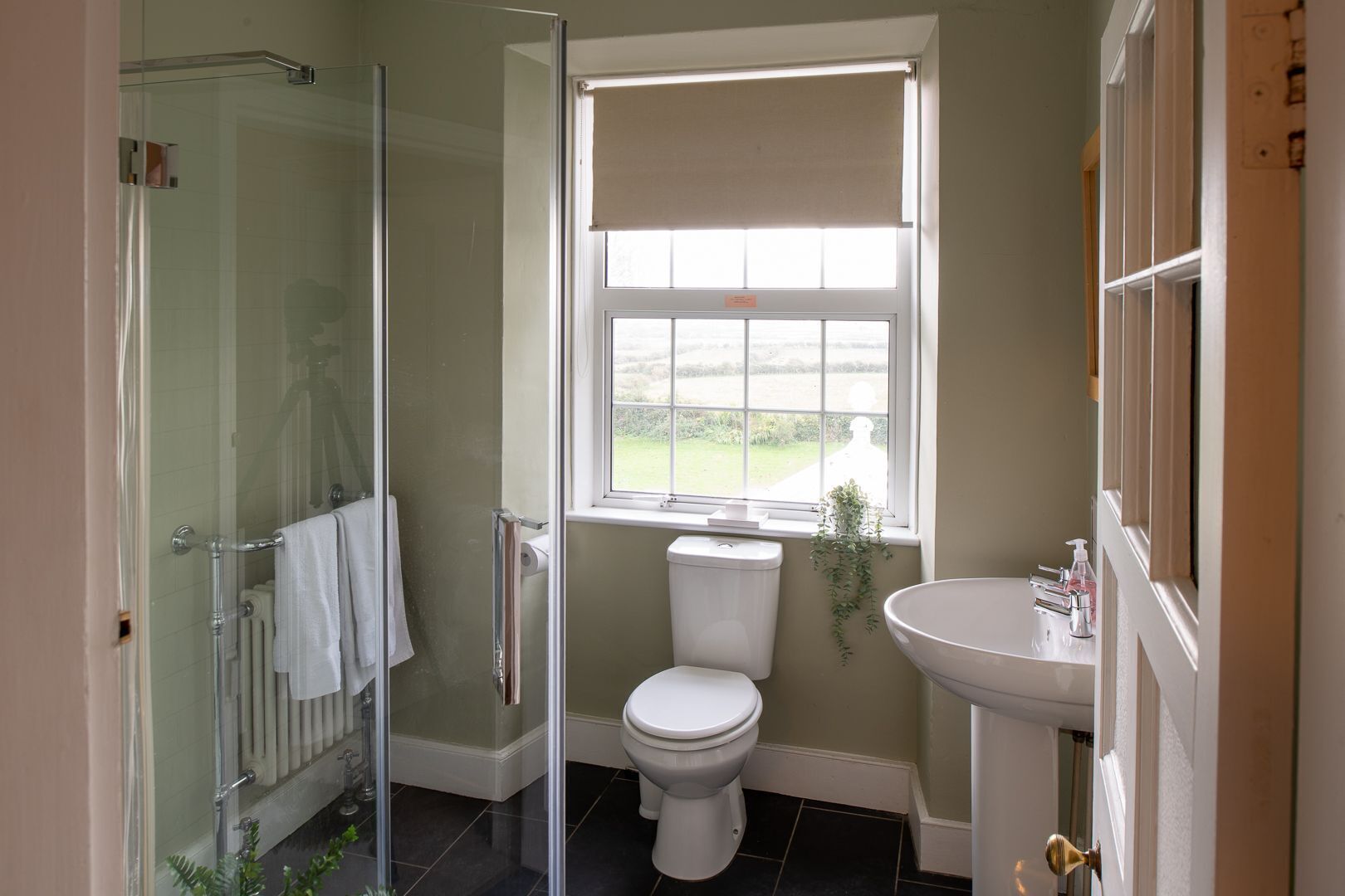 A bathroom with a glass shower enclosure, a toilet, a window with a view, and a sink with a mirror.