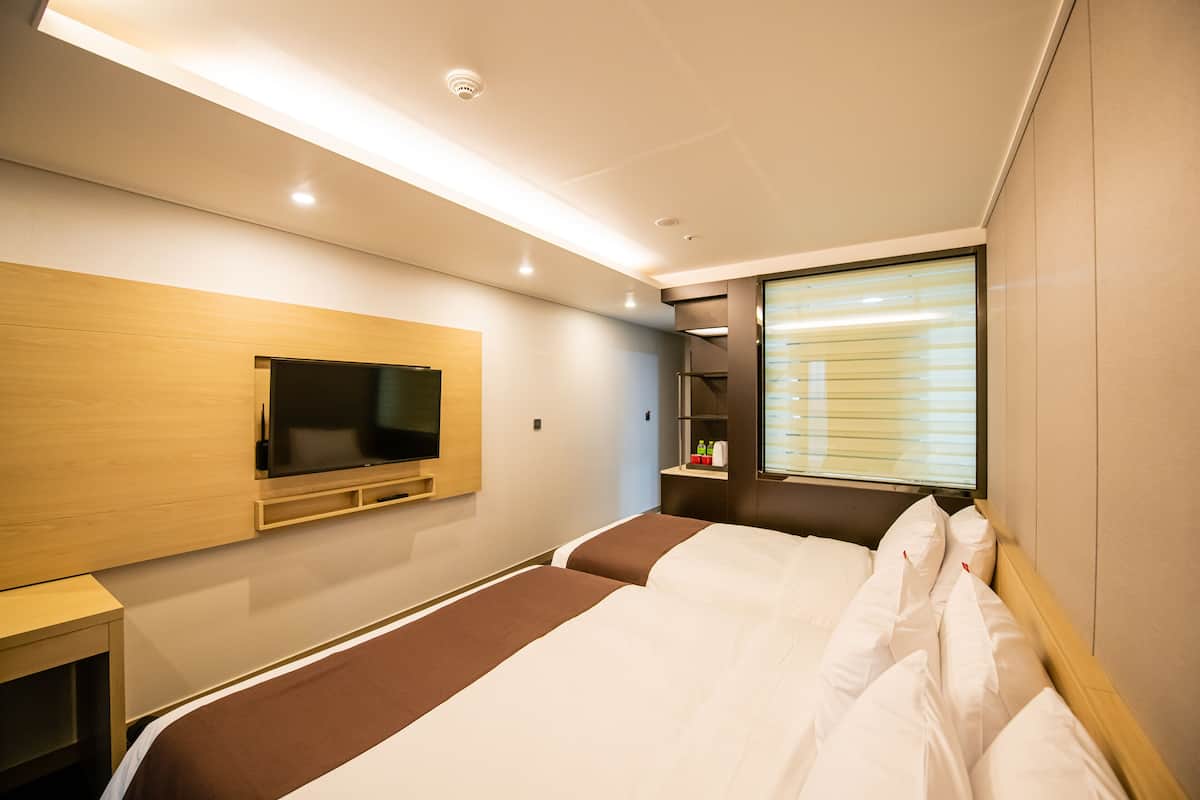 down duvets, desk, laptop workspace, blackout curtains