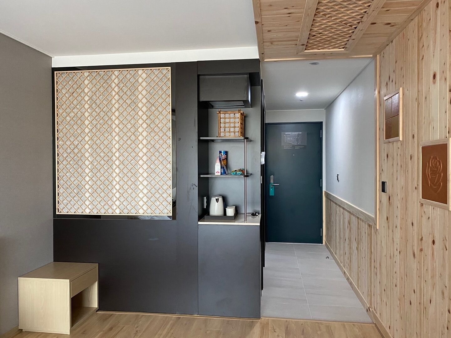 family room (ondol) | down duvets, desk, laptop workspace, blackout curtains