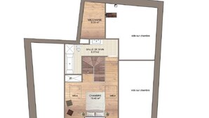 Distribución de un hotel que incluye sala de estar, baño privado, dormitorio con baño privado y baño con ducha.