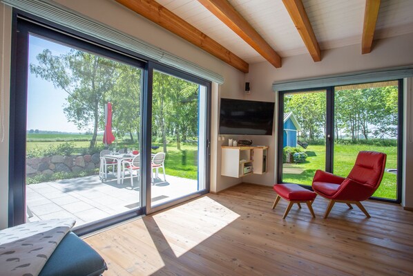 Smart-TV, Kamin, Bücher, Stereoanlage