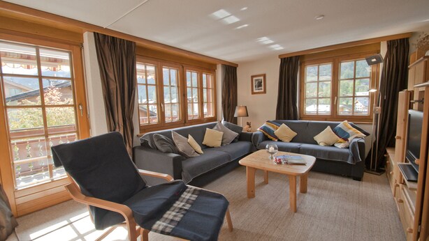 A living room with a sofa, a chair, a coffee table, and a television. - Haus Lizi - Apartment 8 (Zermatt)