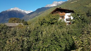 A mountain house with a balcony, surrounded by lush greenery and snow-capped mountains. - Spacious Apartment “Lafreid Algund” near Merano with Mountain View, Wi-Fi & Garden (Algund)