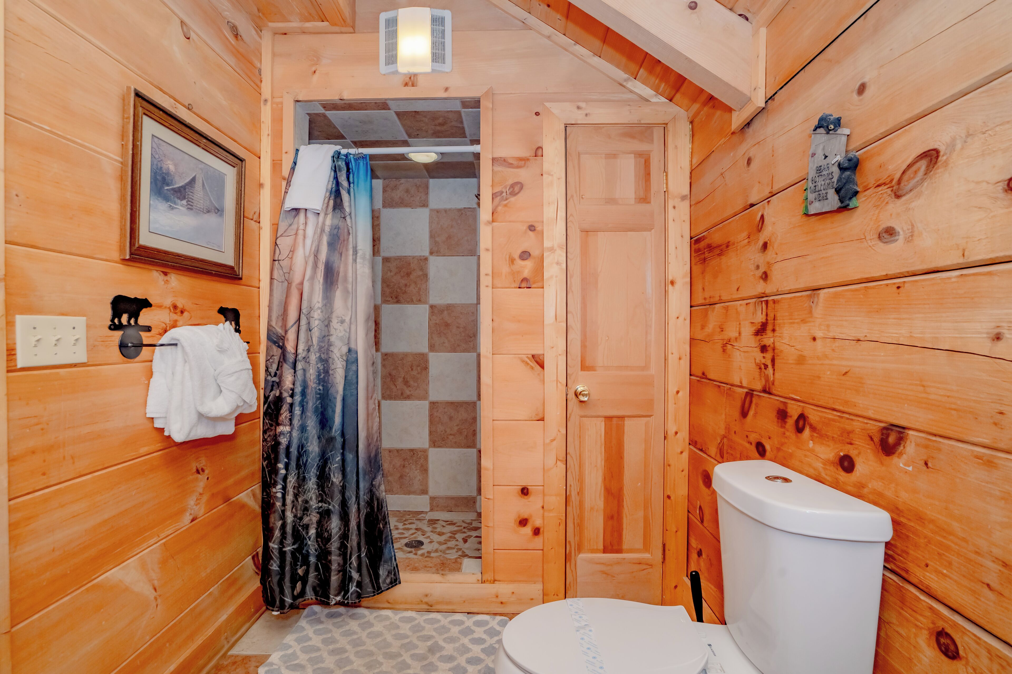 Een houten badkamer met een badcabine, toilet en een lijst met een foto aan de muur.