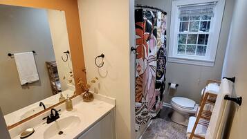 Duschwanne, Haartrockner, Handtücher, Toilettenpapier