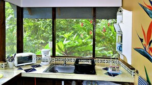 A kitchen with a window, a toaster, a coffee maker, and a sink. - Jungle Like Oasis in San Ignacio - Secluded Cabaña Retreat Close To Mayan Ruins (San Ignacio)
