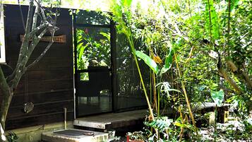 A rustic wooden cabin with a small porch, surrounded by dense tropical vegetation.