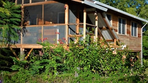En stuga byggd av trä med stora fönster, en veranda och frodig grönska runt omkring.