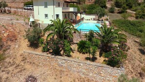 Una casa a due piani con piscina, circondata da palme e un vialetto in pietra.