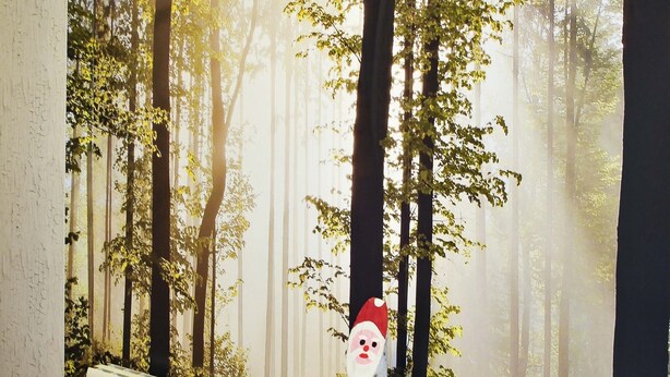 Une pièce dont le papier peint représente une forêt, avec une table sur laquelle se trouvent un carnet, un stylo et une boîte cadeau rouge.