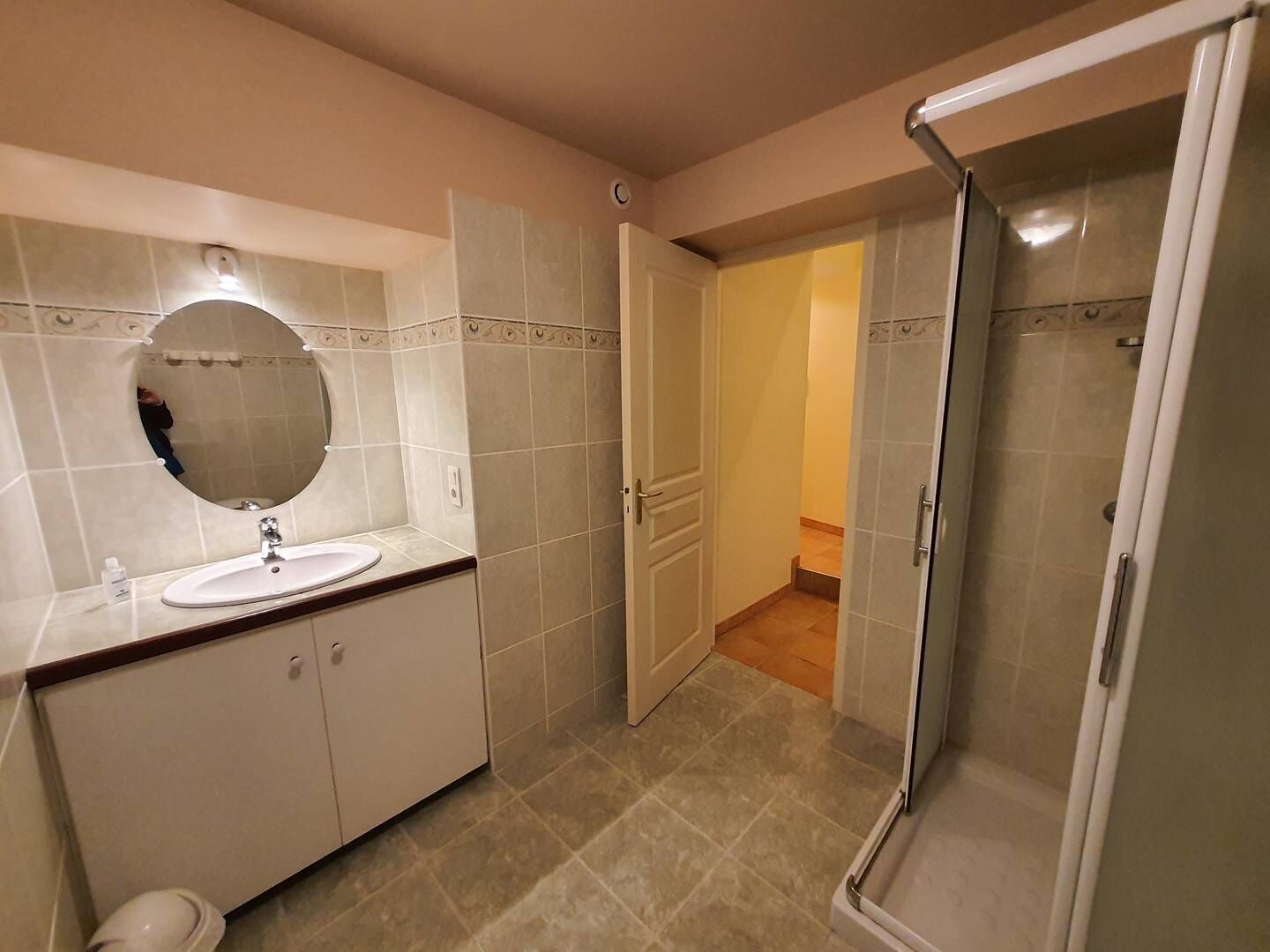 A bathroom with a sink, mirror, and shower.