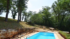 A rectangular swimming pool with a stone retaining wall and metal ladder, surrounded by trees and a grassy hill.
