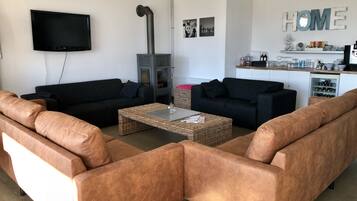 TV, fireplace, books, stereo