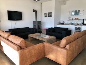 TV, fireplace, books, stereo