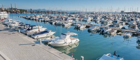 A marina with numerous boats docked along the waterfront.