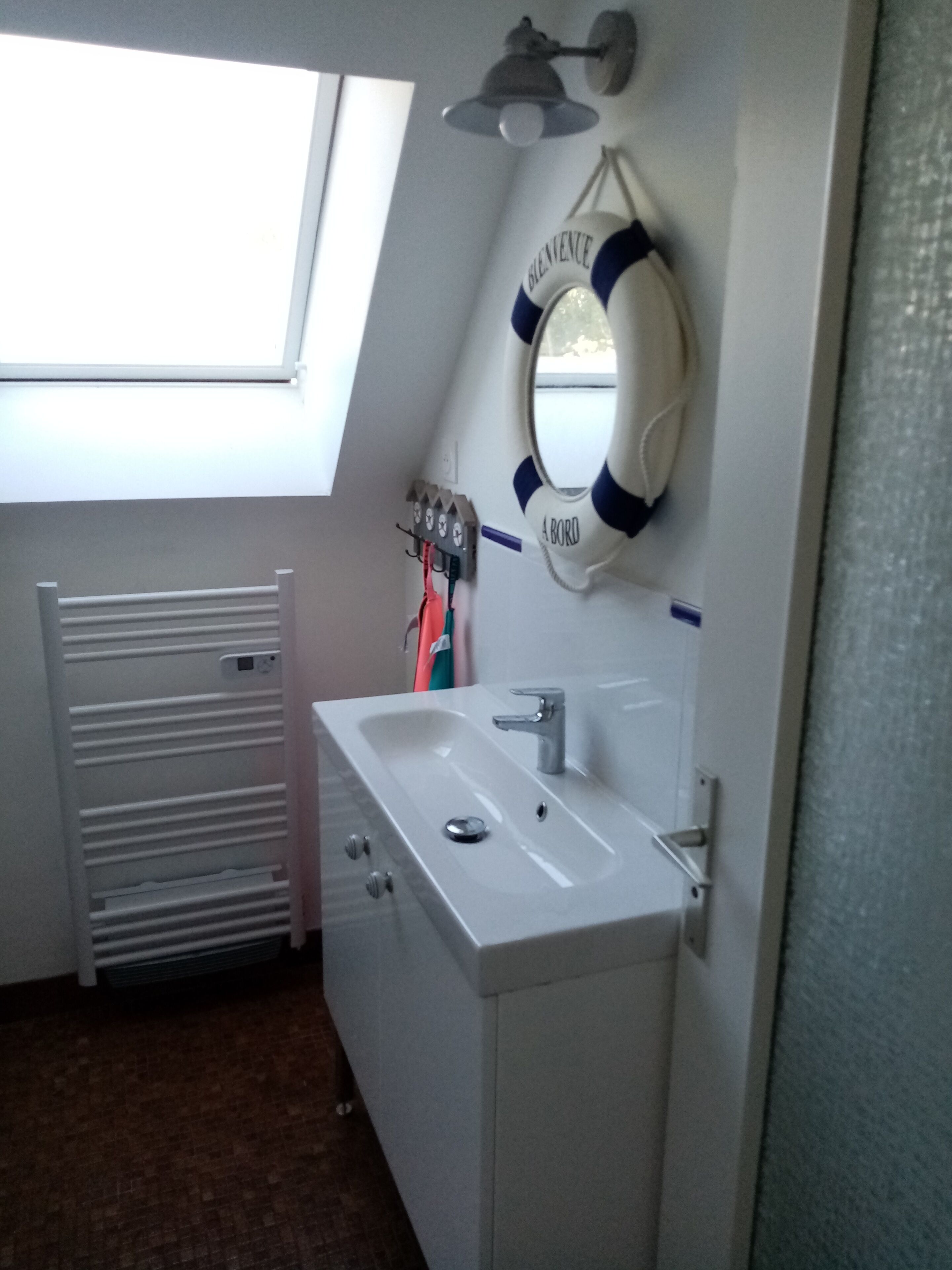 A bathroom with a skylight, a white sink, a mirror with a lifebuoy, and a towel rack.