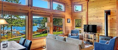 Télévision à écran plat, cheminée, lecteur de DVD, vidéothÚque