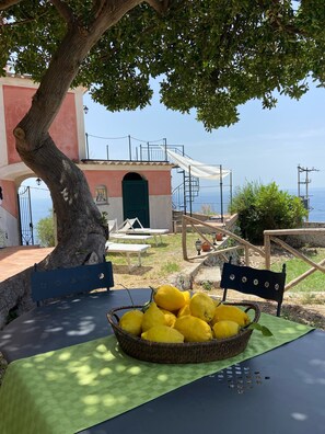 A table with a basket of lemons, a bench, and a view of the sea. - La Maison Rouge: Unique Views (Maiori)