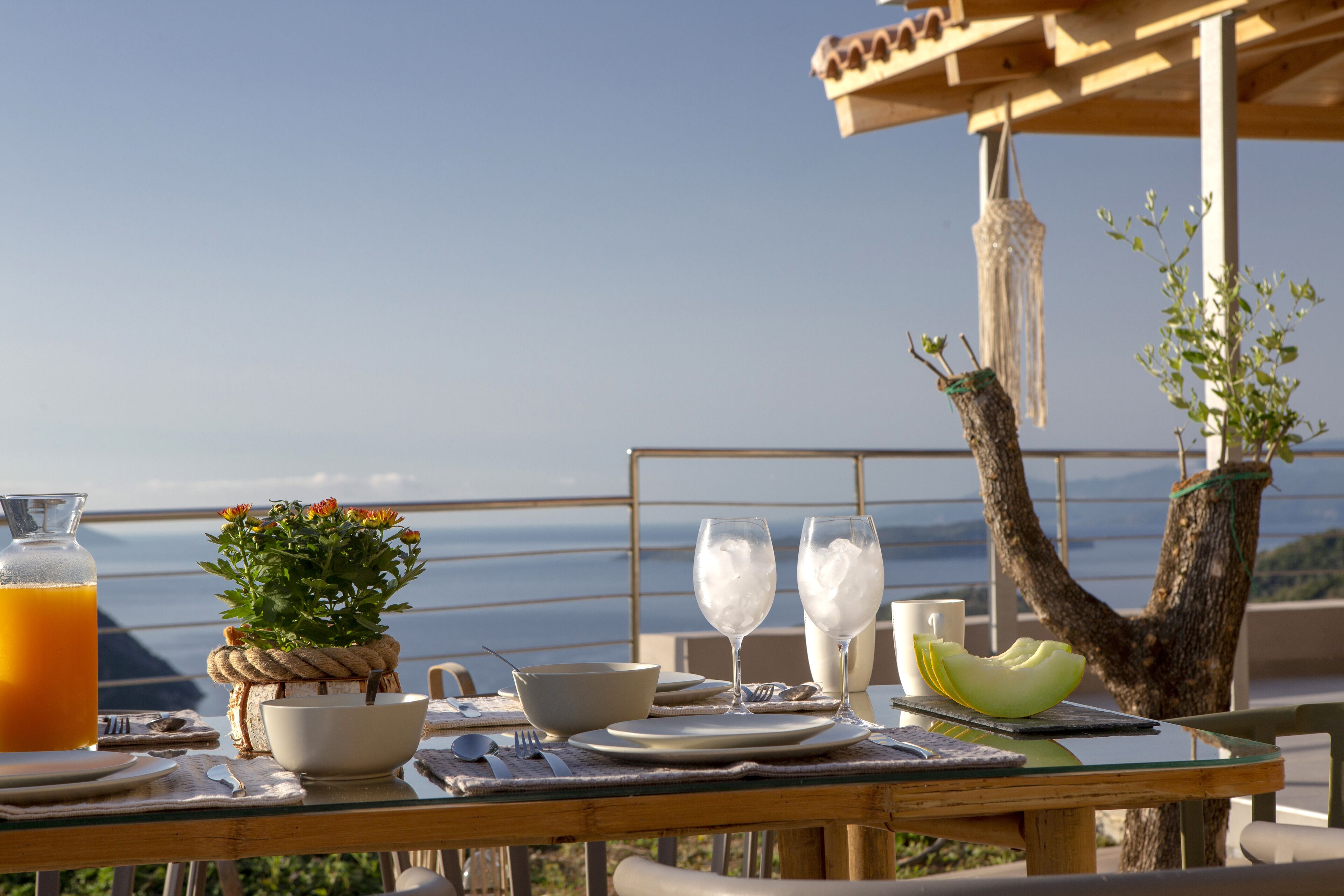 Ein Frühstückstisch mit Blick auf das Meer, eine Topfpflanze und ein Glas Orangensaft.