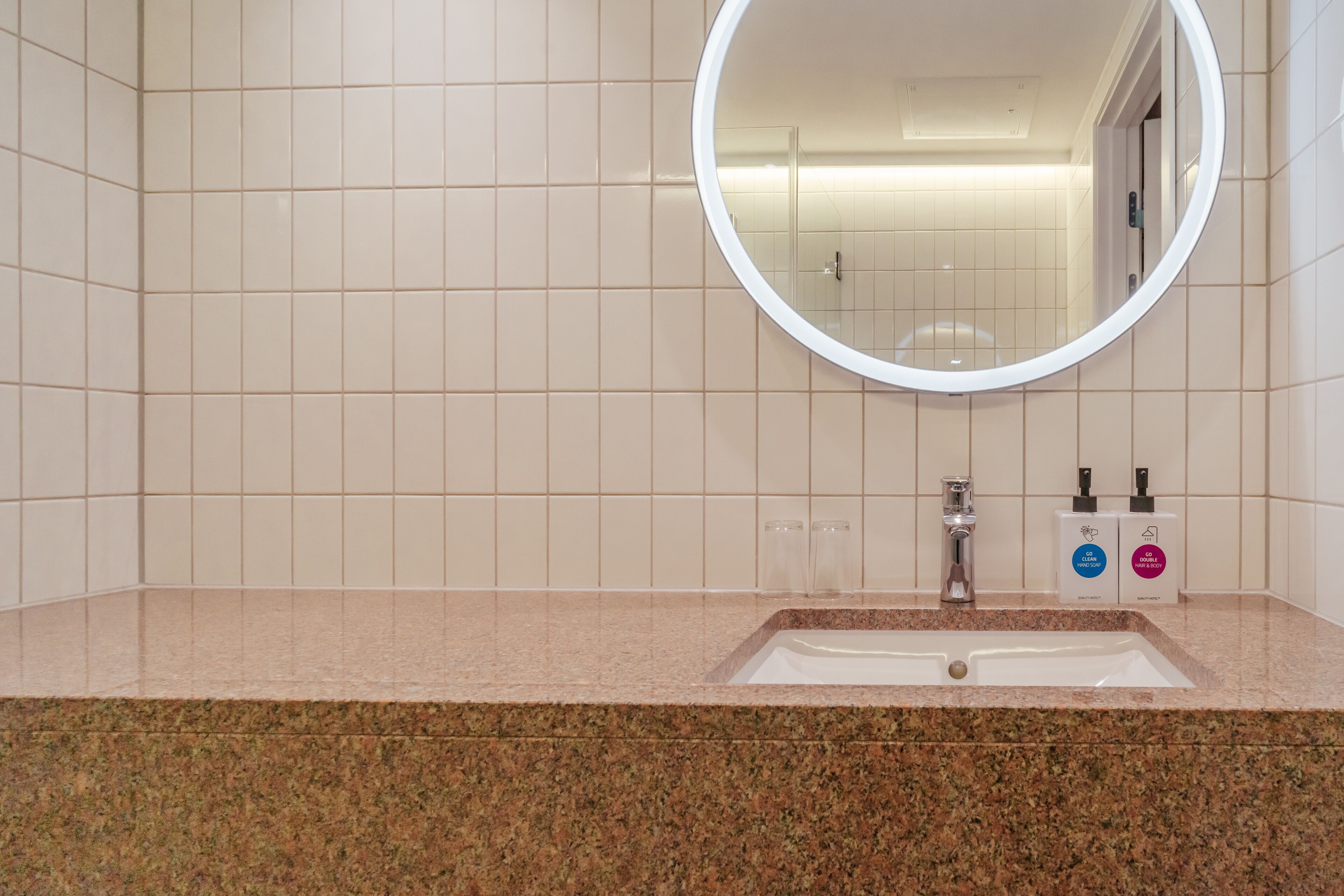 free toiletries, hair dryer, heated floors, towels