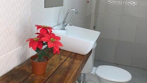 Regadera, toallas, papel de baño