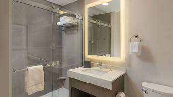 A modern bathroom with a glass-enclosed shower, a vanity with a sink, and a toilet.
