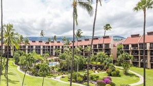 Un resort con varias edificaciones, palmeras y un césped bien cuidado.