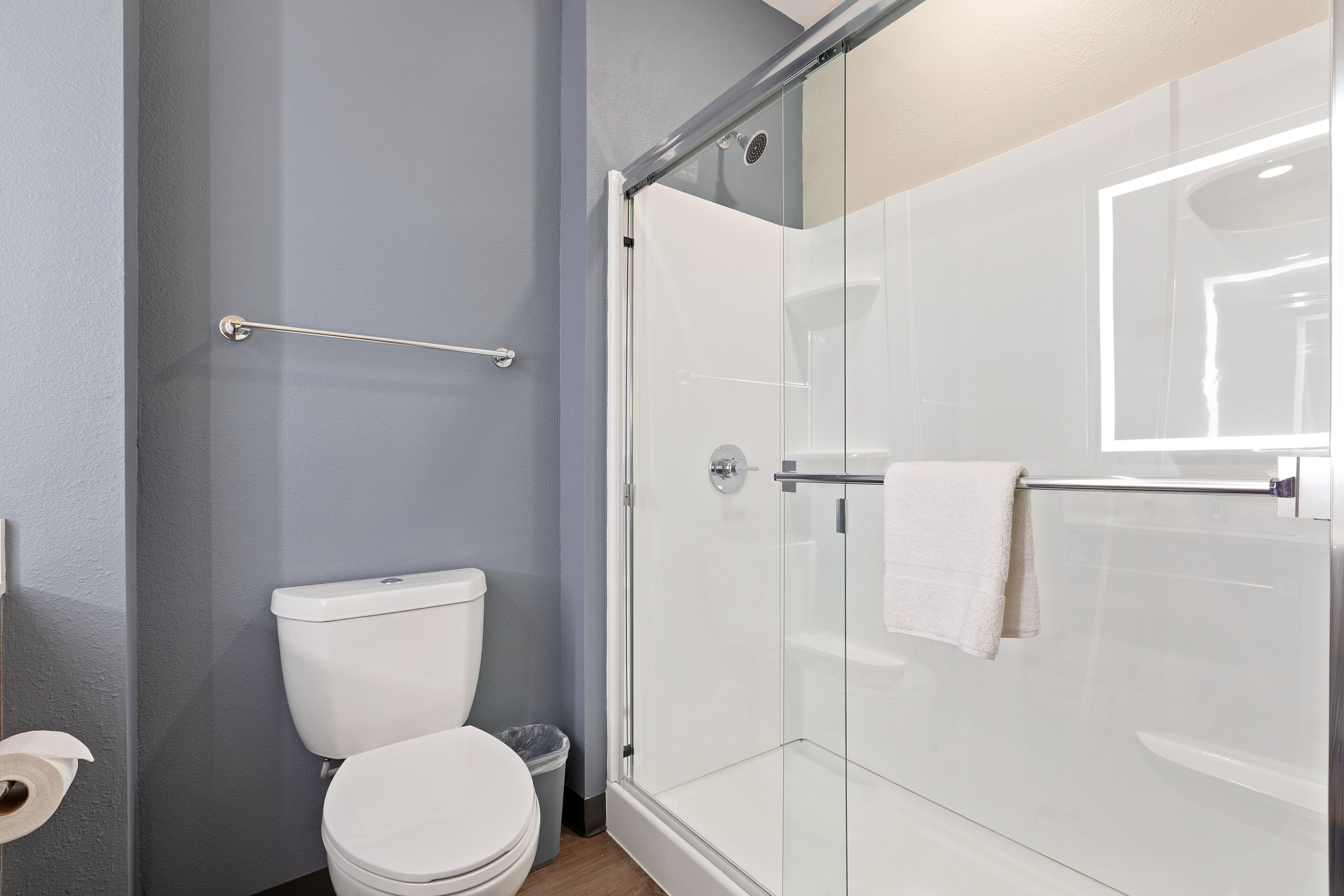 A bathroom with a glass-enclosed shower, a white toilet, and a towel rack.
