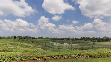 Un paisaje natural con una masa de agua, praderas y un cielo despejado.