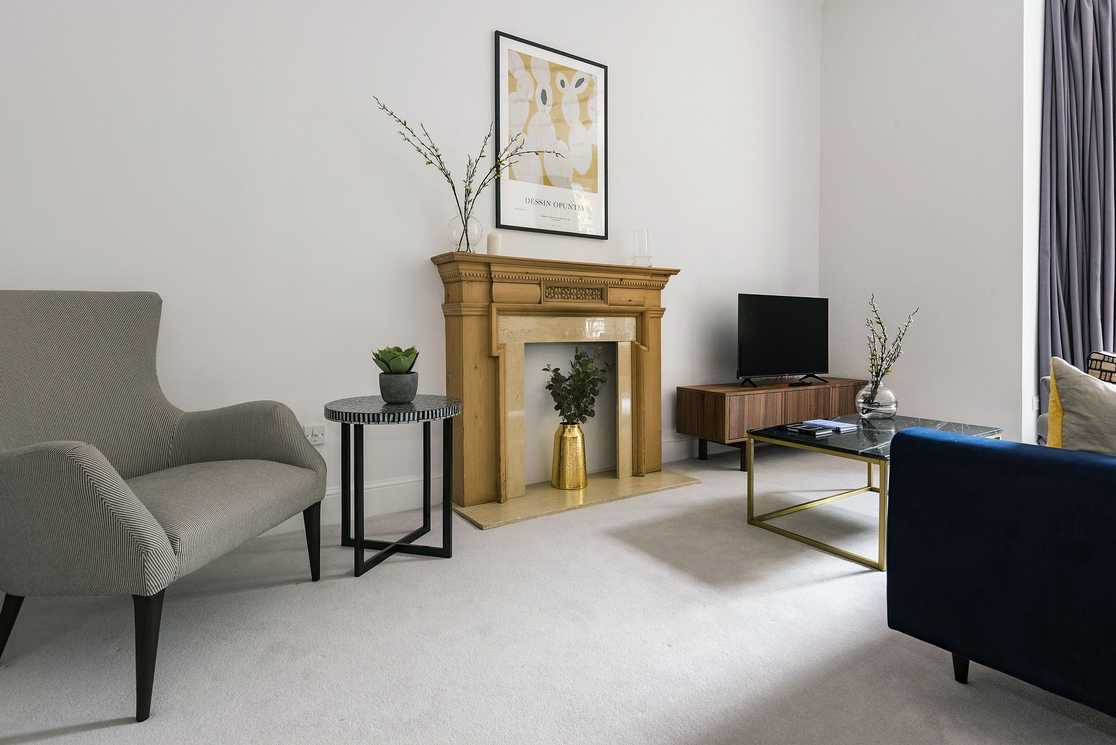A living room with a fireplace, a sofa, a television, and a coffee table.