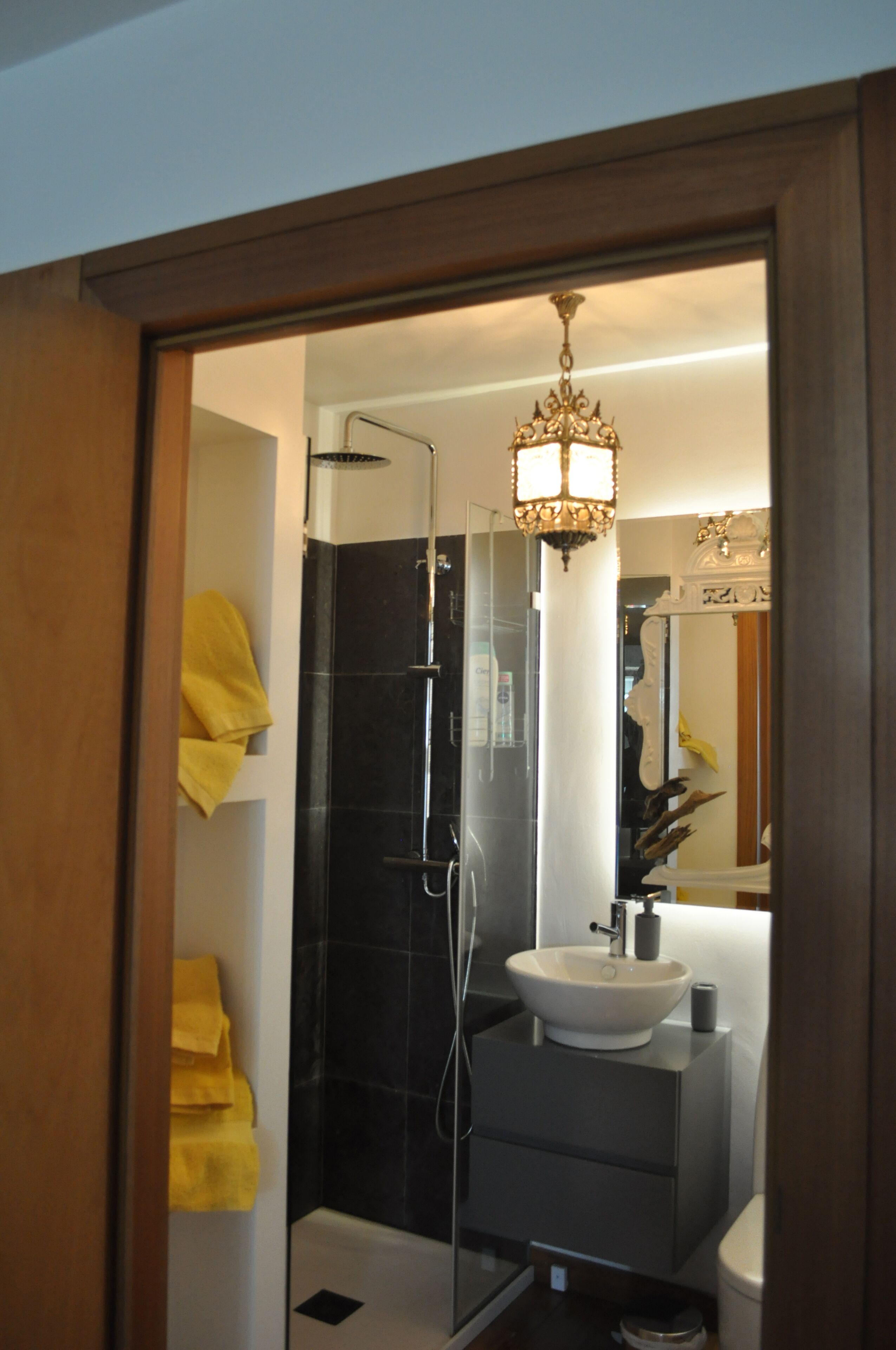 Hair dryer, towels, soap