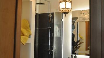 Hair dryer, towels, soap
