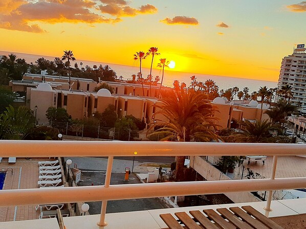 Un hôtel doté d’une piscine, de palmiers et offrant une vue sur le coucher de soleil.