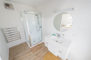Shower, hair dryer, towels, soap