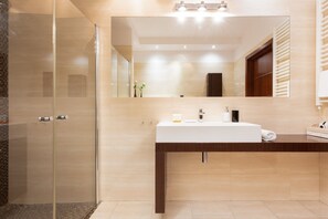 Shower, hair dryer, towels, shampoo